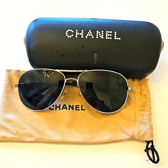 CHANEL Accessories - CHANEL Aviator Silver Tone Sunglasses w/ Swarovski Crystals w/ Case & Du…